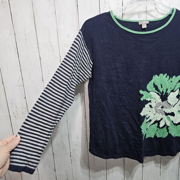 J. Jill Women's Blue Green Floral, Striped Sleeves Cotton Blend Sweater Size SP. - Picture 3 of 6
